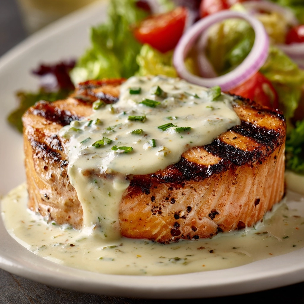 Tuna Steaks with Creamy Garlic Sauce & Salad Recipe - Recipe Image