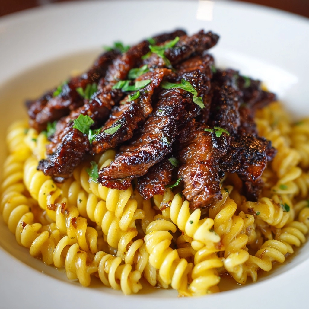 Sticky Honey Garlic Steak and Rotini Recipe - Recipe Image