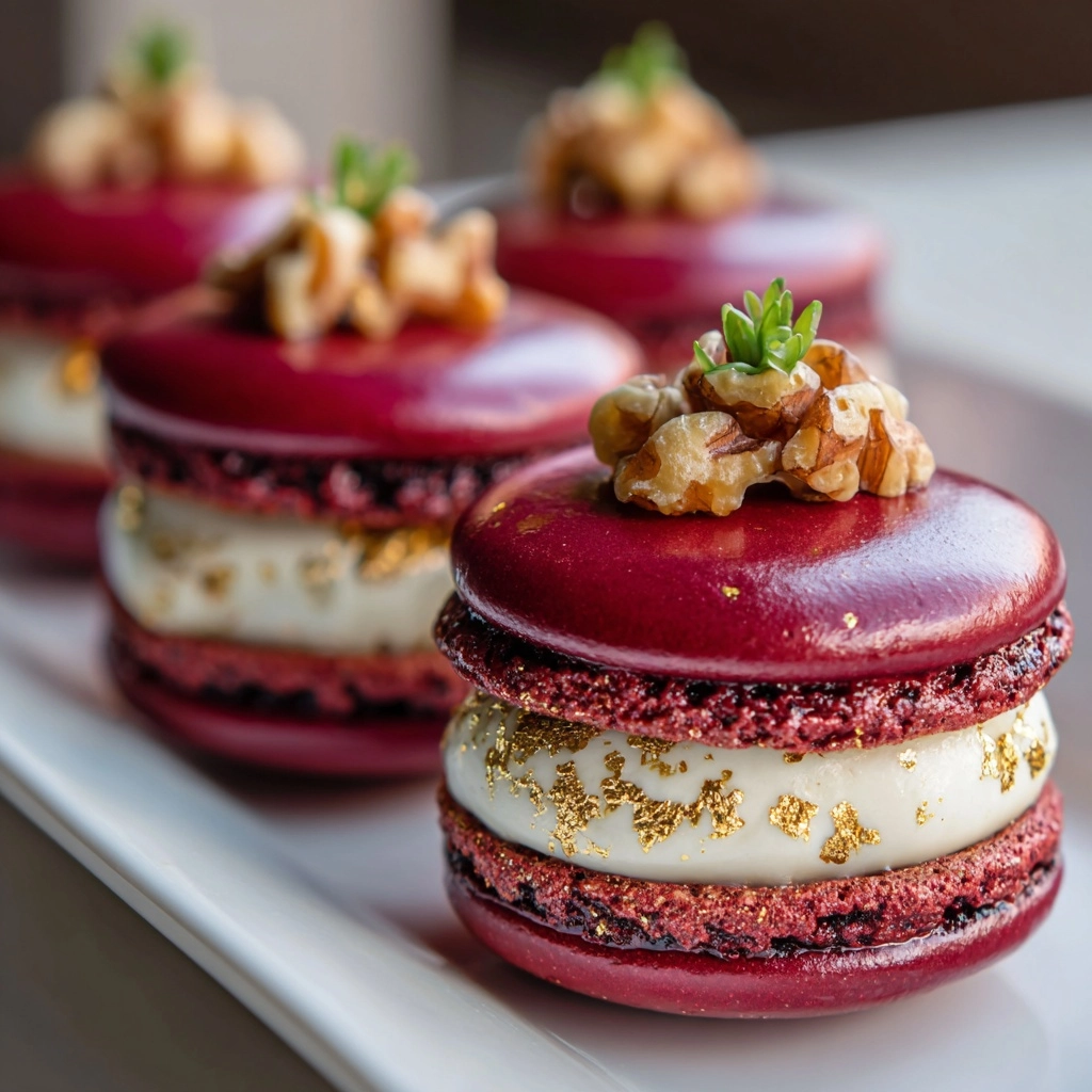 Savory Beet Macarons with Goat Cheese & Walnut Crunch Recipe - Recipe Image