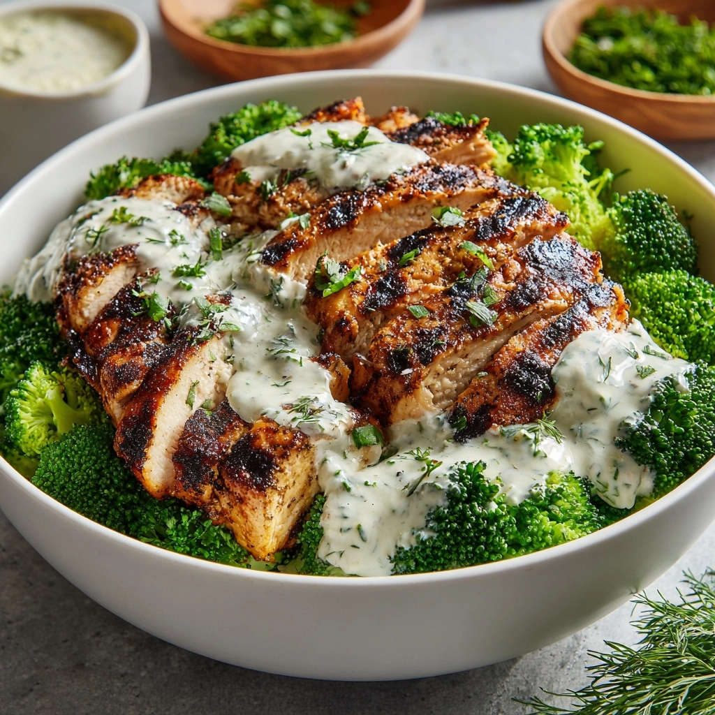 Grilled Chicken Broccoli Bowls with Creamy Garlic Sauce Recipe - Recipe Image