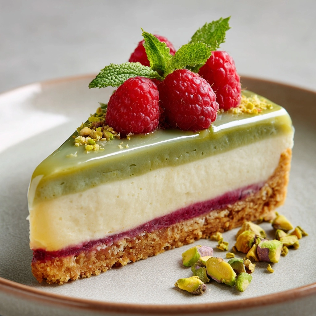 Elegant Pistachio Raspberry Crunch Cheesecake Recipe - Recipe Image