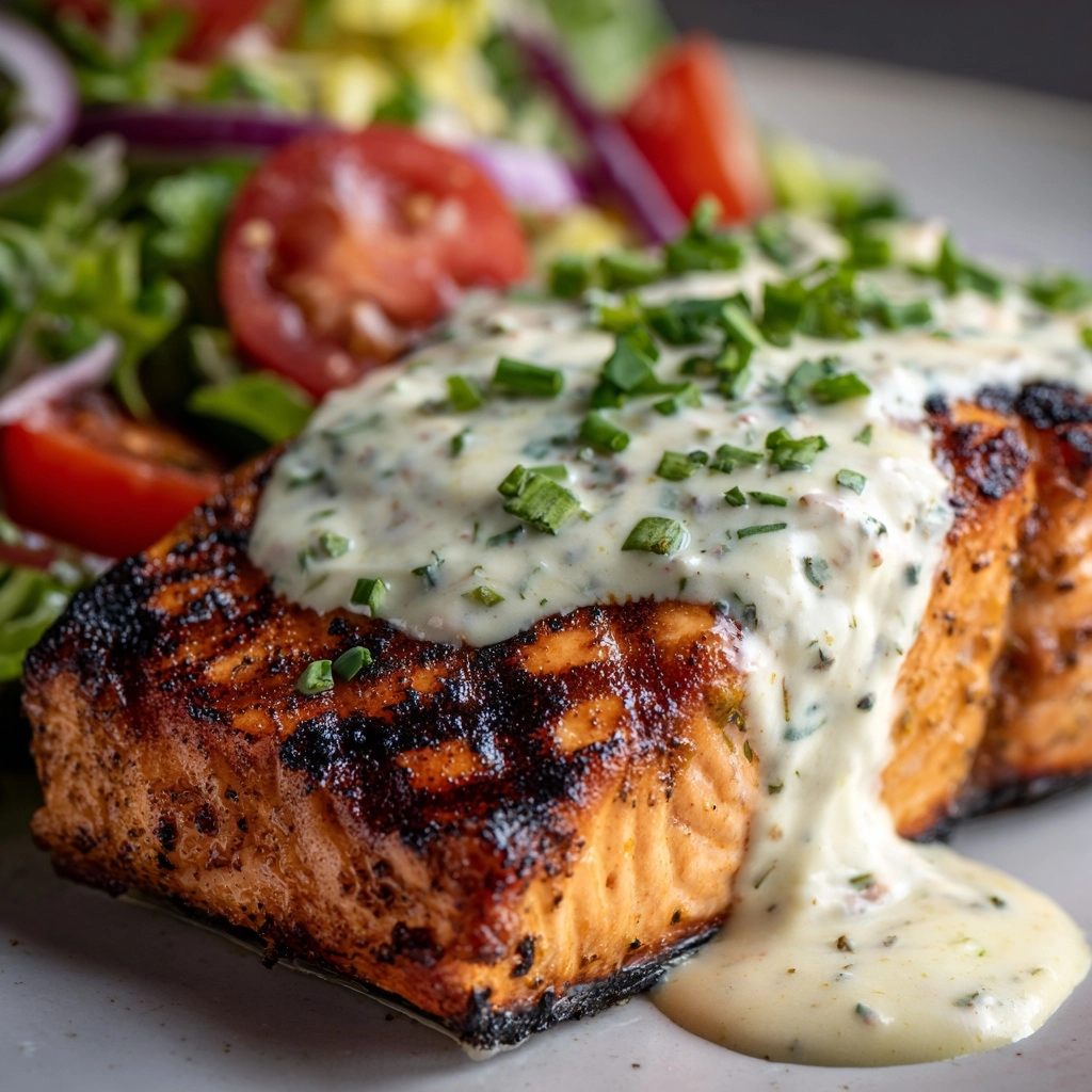 Tuna Steaks with Creamy Garlic Sauce & Salad Recipe - Recipe Image