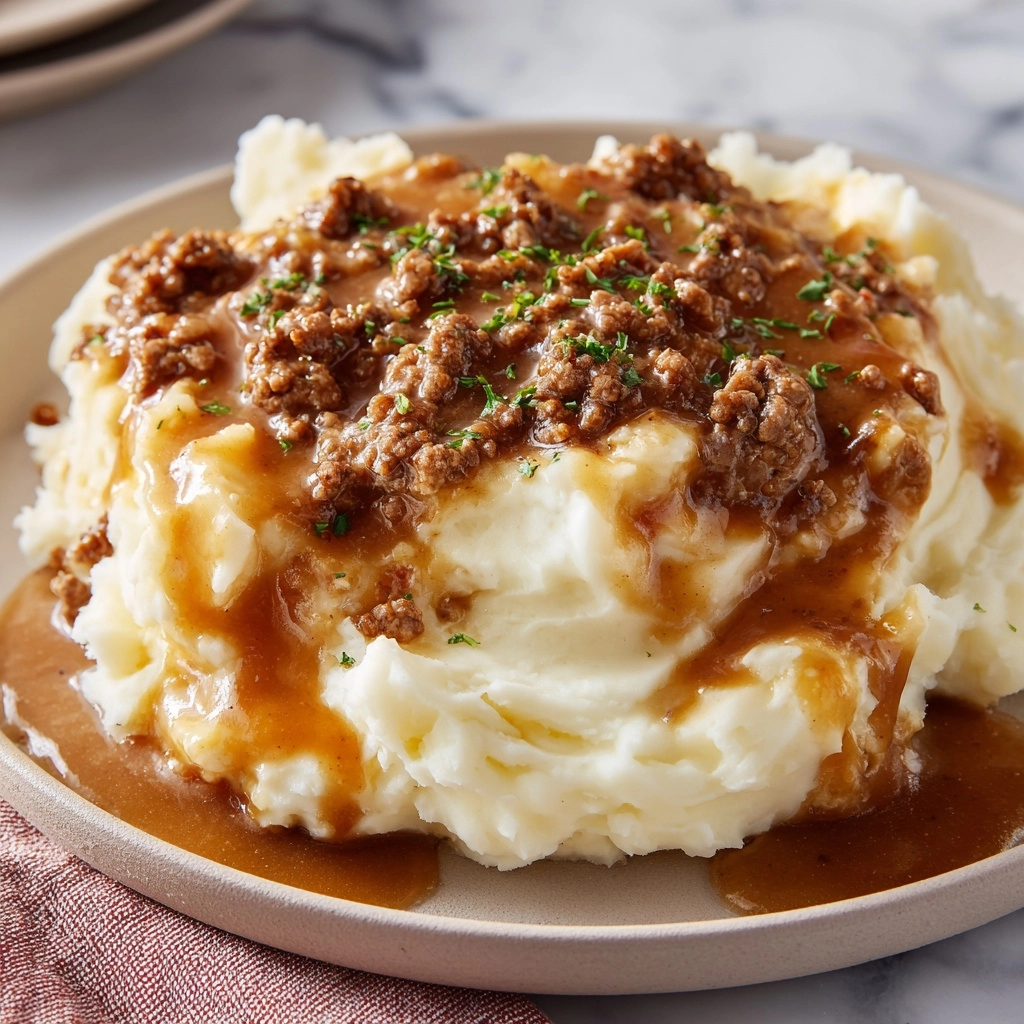 Ground Beef and Gravy Over Mashed Potatoes Recipe - Recipe Image