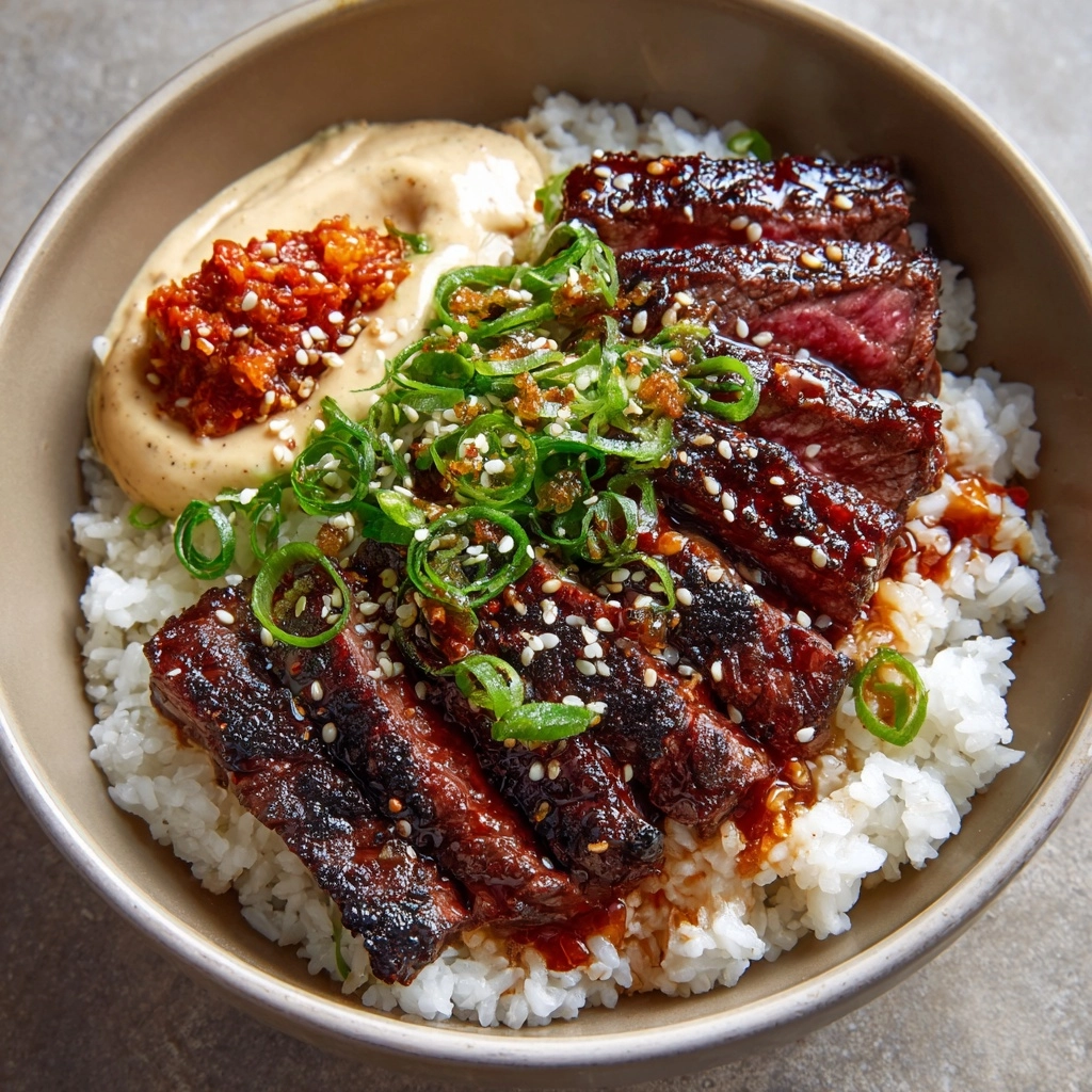 Korean BBQ Steak Rice Bowls with Spicy Cream Sauce Recipe - Recipe Image