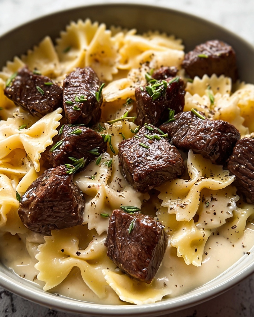 Beef and Bowtie Pasta with Alfredo Sauce Recipe - Recipe Image