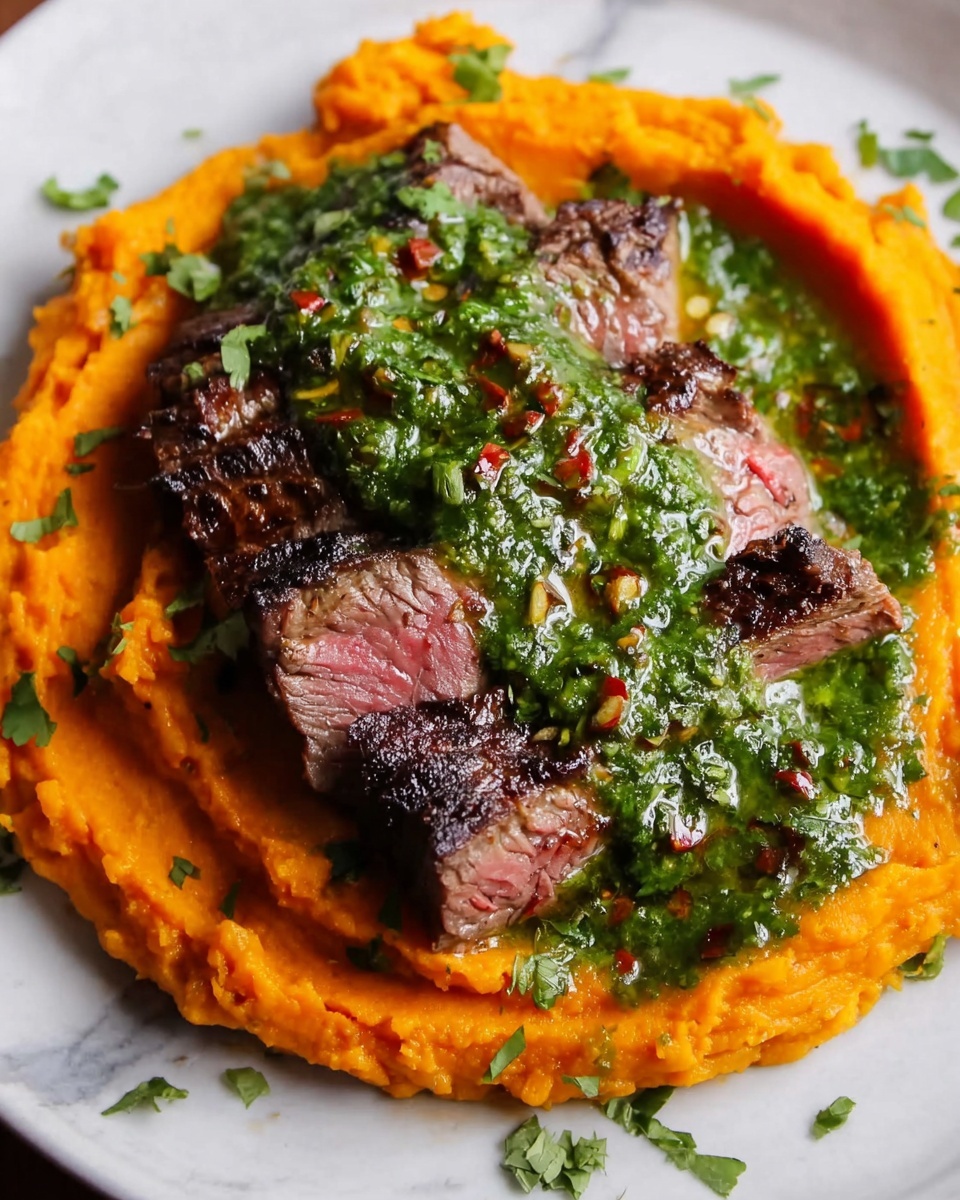 Steak with Green Sauce and Mashed Sweet Potatoes Recipe - Recipe Image