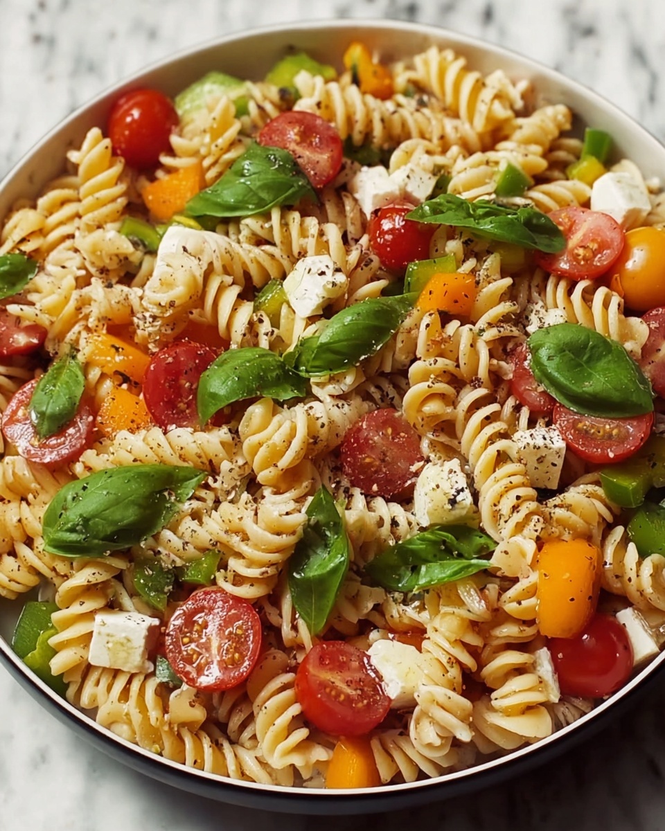 Colorful Pasta Salad with Cherry Tomatoes, Cucumber, and Bell Peppers Recipe - Recipe Image
