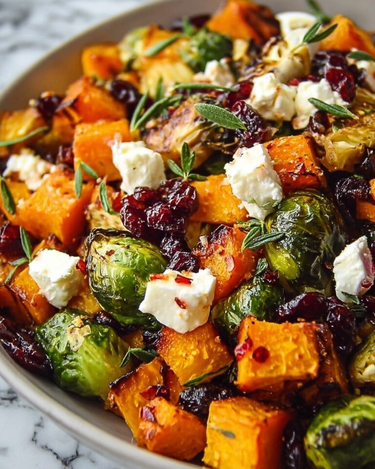 Cranberry-Glazed Roasted Butternut Squash, Brussels Sprouts, and Sweet Potato Salad Recipe