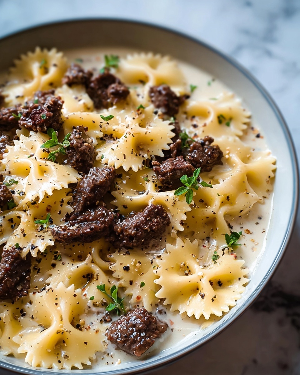Beef and Bowtie Pasta with Alfredo Sauce Recipe - Recipe Image
