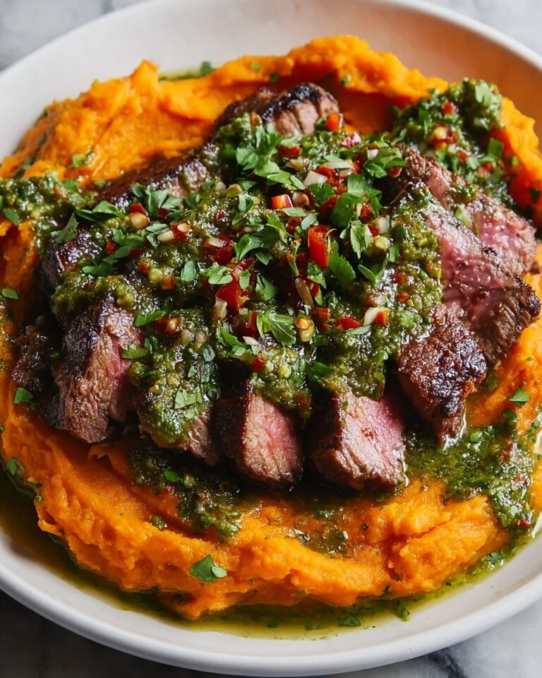 Steak with Green Sauce and Mashed Sweet Potatoes Recipe