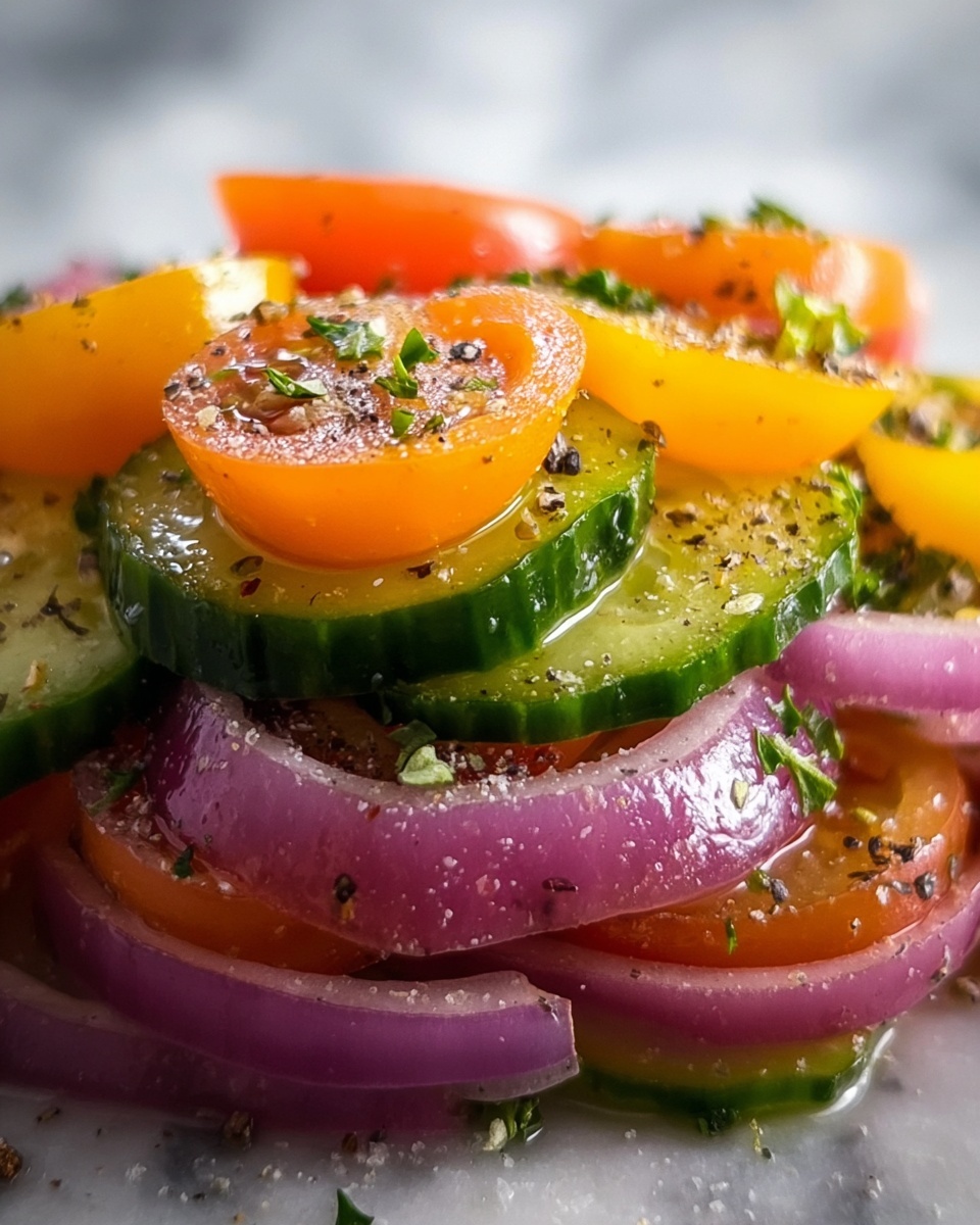 Fresh & Tangy Marinated Cucumber, Onion, and Tomato Salad Recipe - Recipe Image
