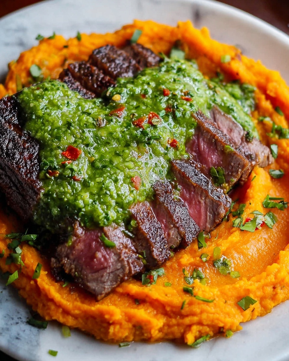 Steak with Green Sauce and Mashed Sweet Potatoes Recipe - Recipe Image