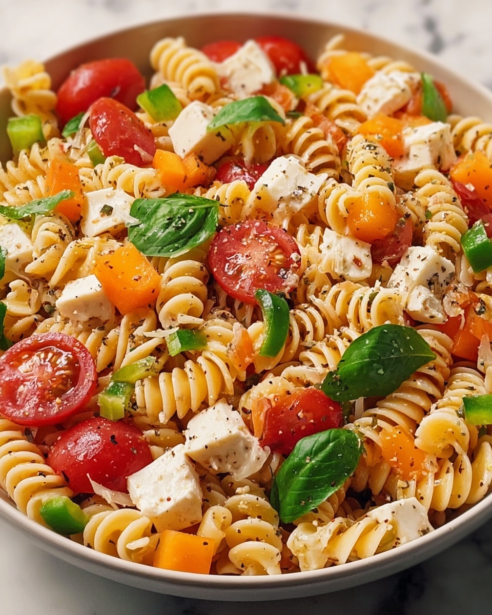 Colorful Pasta Salad with Cherry Tomatoes, Cucumber, and Bell Peppers Recipe - Recipe Image
