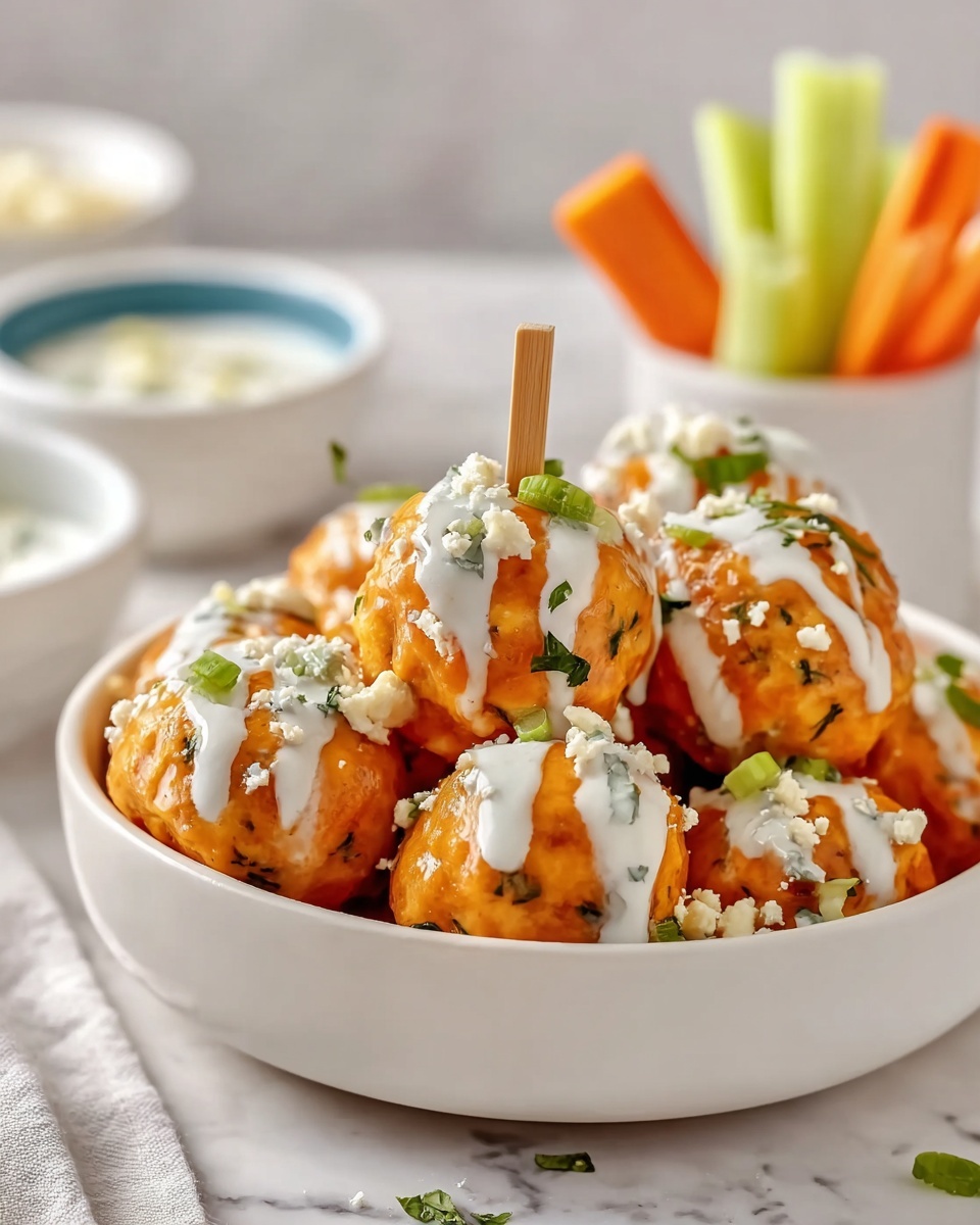 Buffalo Chicken Meatballs with Bleu Cheese Yogurt Dip Recipe - Recipe Image