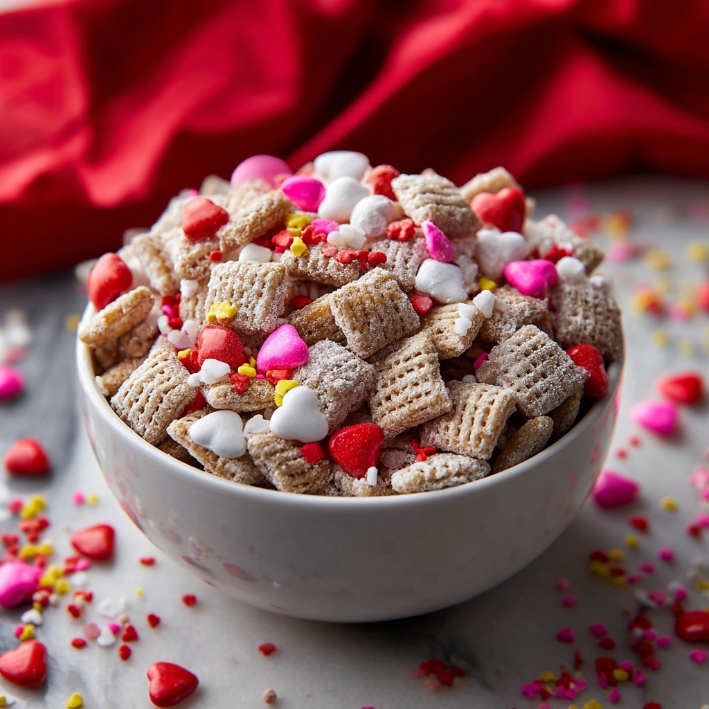 Valentine’s Day Muddy Buddies: Sweet, Crunchy & Cupid-Approved Recipe - Recipe Image
