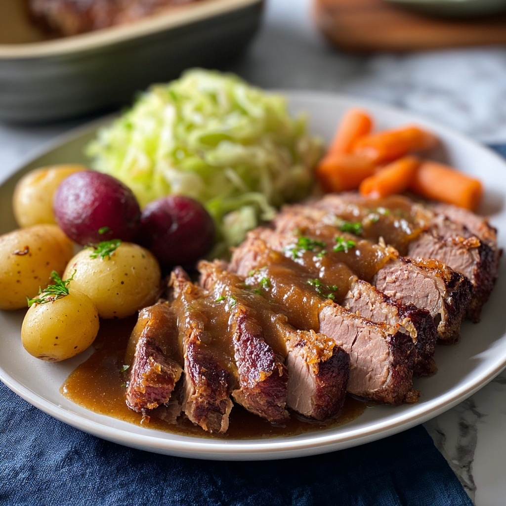 Brown Sugar & Dijon Glazed Corned Beef with Cabbage and Red Potatoes Recipe - Recipe Image