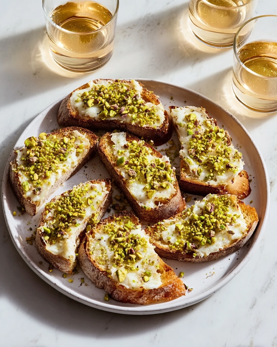 White Cheddar Brussels Sprouts & Pistachio Crostini with Hot Honey Recipe - Recipe Image
