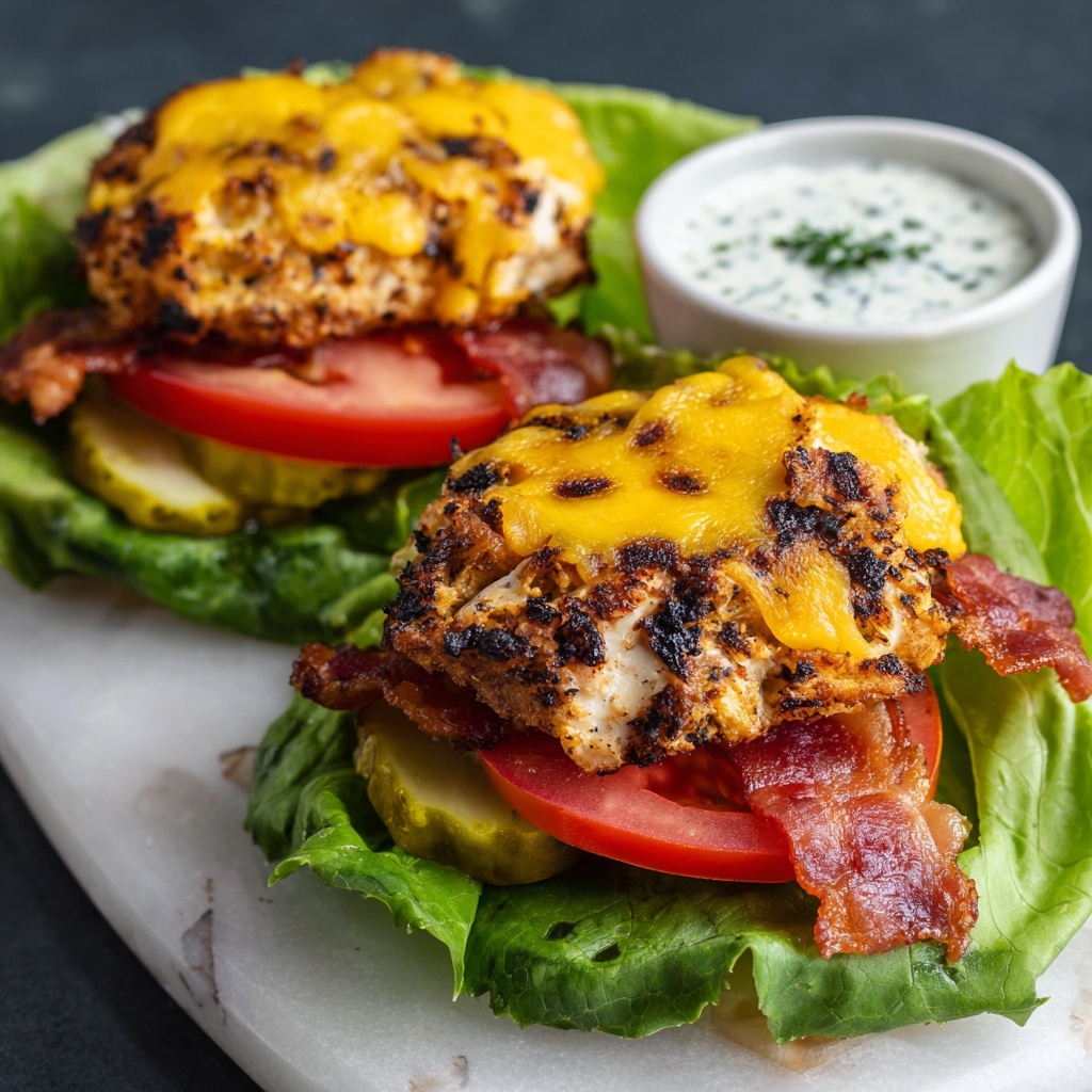Keto Cheddar Ranch Chicken Burgers with Creamy BBQ Sauce Recipe - Recipe Image