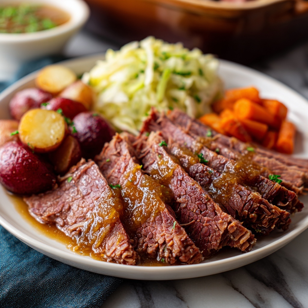 Brown Sugar & Dijon Glazed Corned Beef with Cabbage and Red Potatoes Recipe - Recipe Image