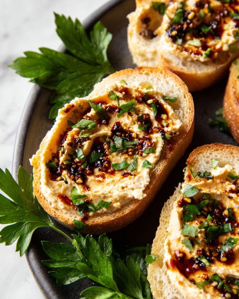 Hummus Crostini Appetizer with Balsamic Glaze and Fresh Parsley Recipe