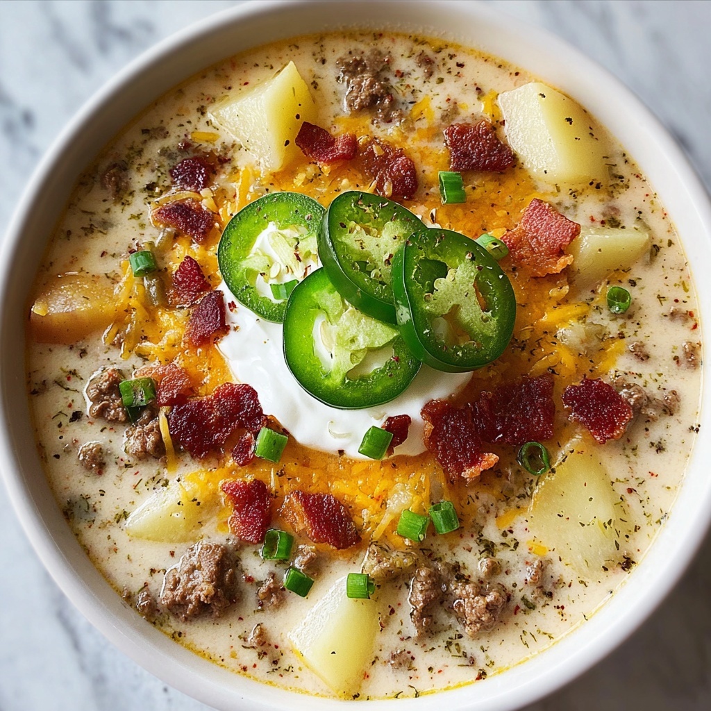 Creamy Loaded Bacon Cheeseburger Soup Recipe - Recipe Image