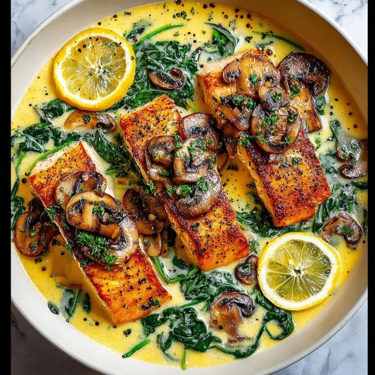 Garlic Butter Salmon with Spinach and Mushrooms in Creamy Sauce Recipe