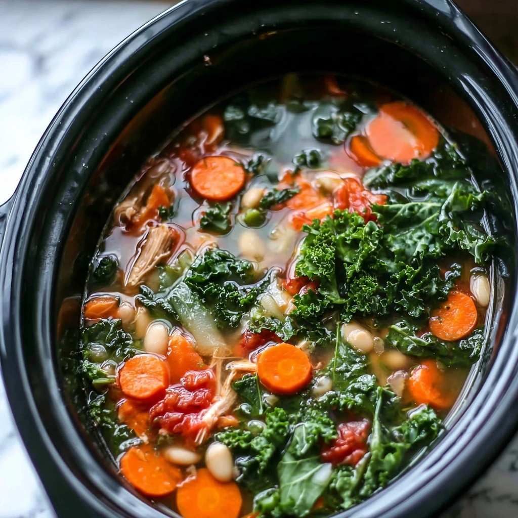 Slow Cooker Chicken, White Bean, and Kale Soup with Parmesan Shavings Recipe - Recipe Image