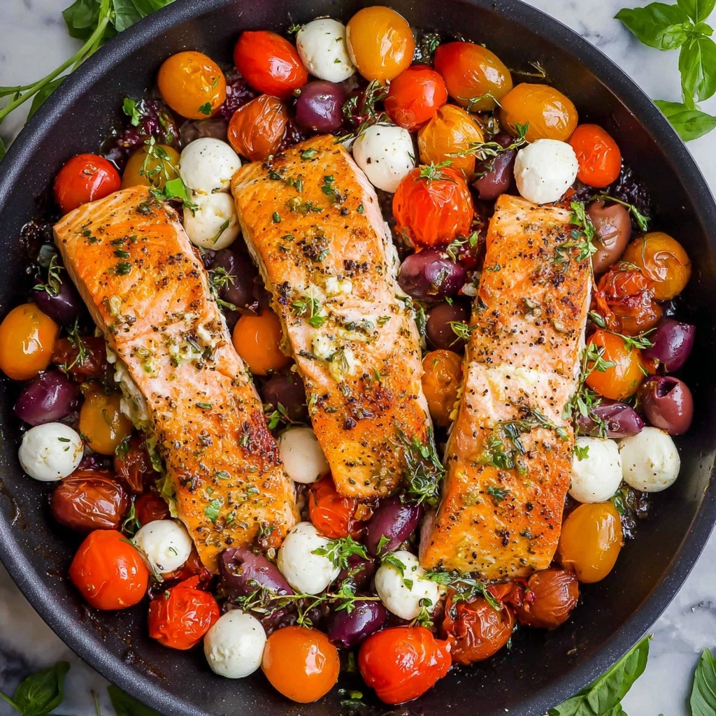 Pan-Seared Salmon with Cherry Tomatoes, Olives, and Mozzarella Recipe - Recipe Image
