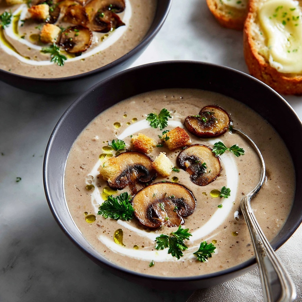 Creamy Mushroom Soup with Croutons and Fresh Herbs Recipe - Recipe Image