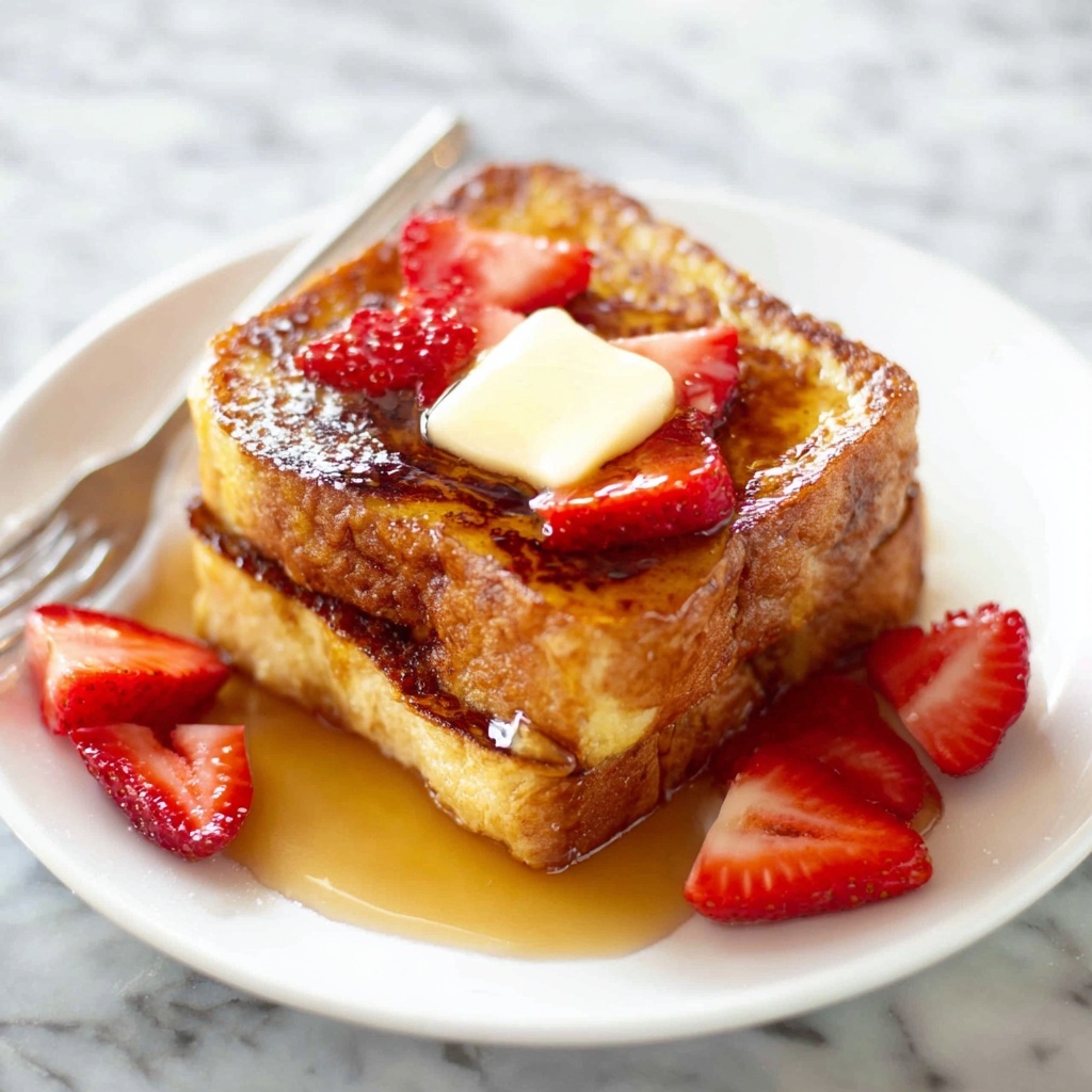 Creamy Cinnamon French Toast with Maple Syrup and Strawberries Recipe - Recipe Image