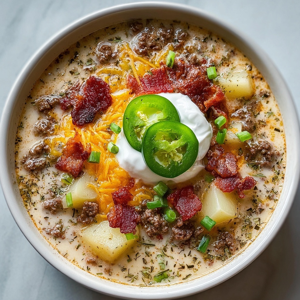 Creamy Loaded Bacon Cheeseburger Soup Recipe - Recipe Image