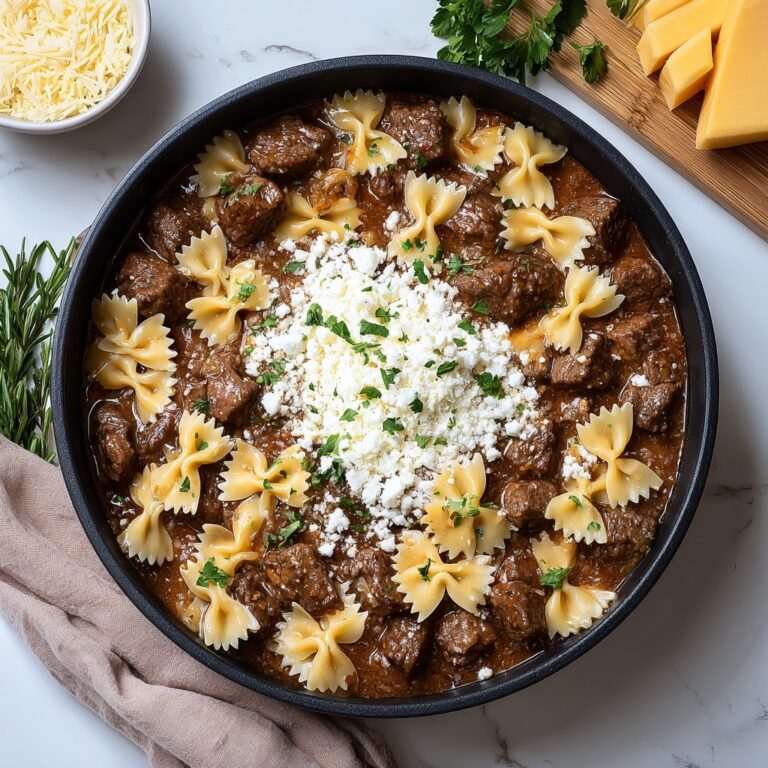 Cheesy Beef and Bowtie Pasta in Garlic Butter Recipe
