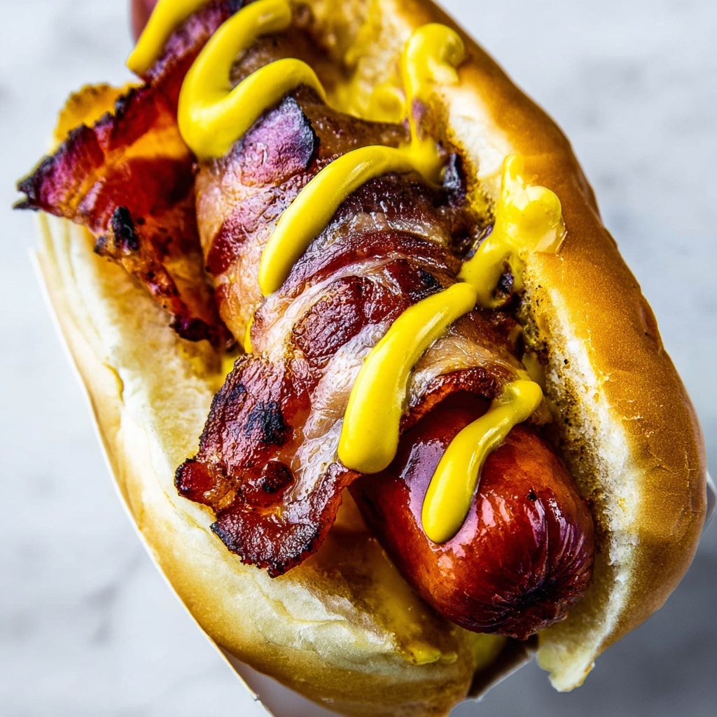 Bacon-Wrapped Hot Dogs with Grilled Buns and Veggie Topping Recipe - Recipe Image