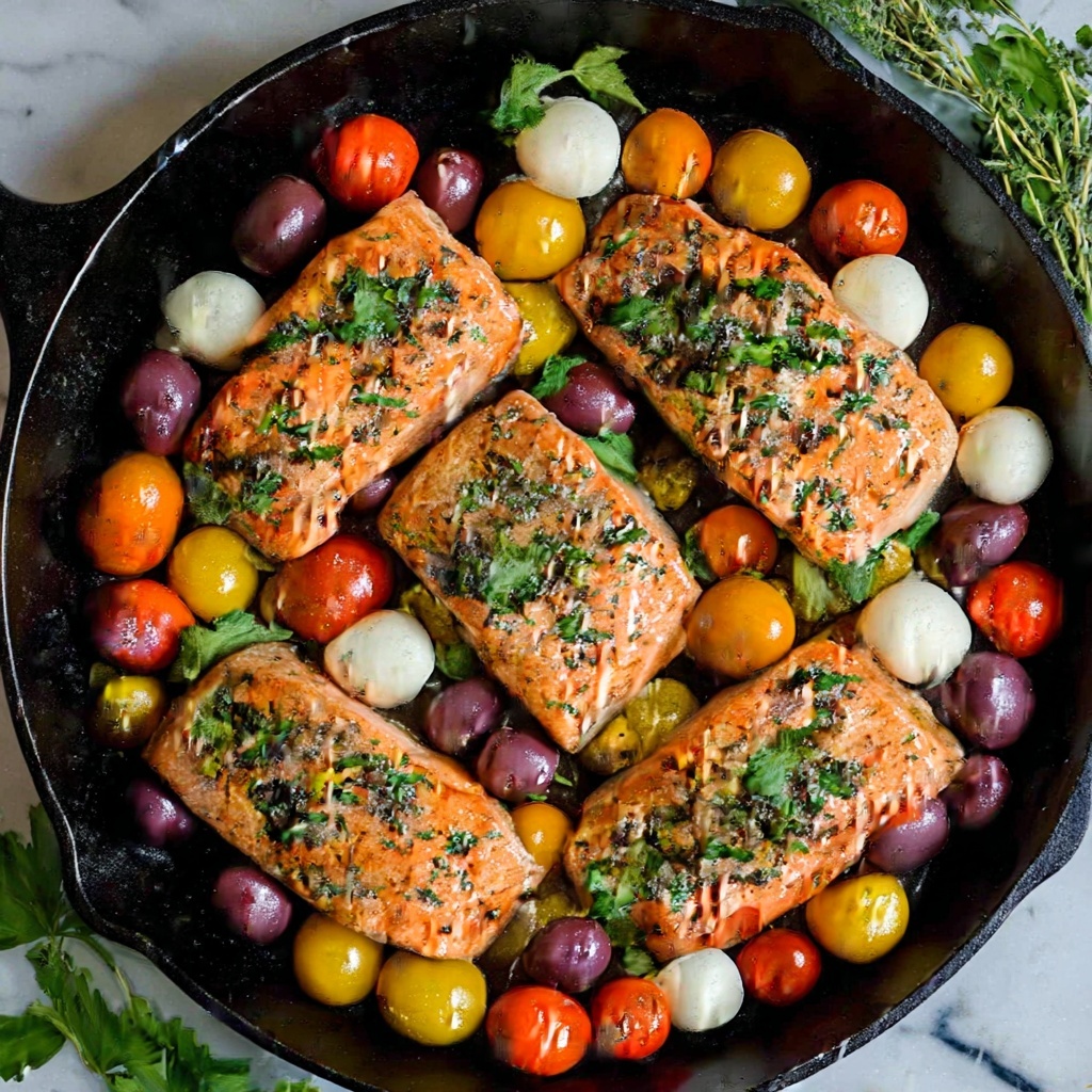 Pan-Seared Salmon with Cherry Tomatoes, Olives, and Mozzarella Recipe - Recipe Image
