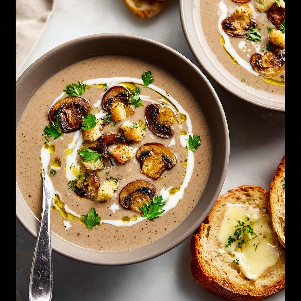 Creamy Mushroom Soup with Croutons and Fresh Herbs Recipe - Recipe Image