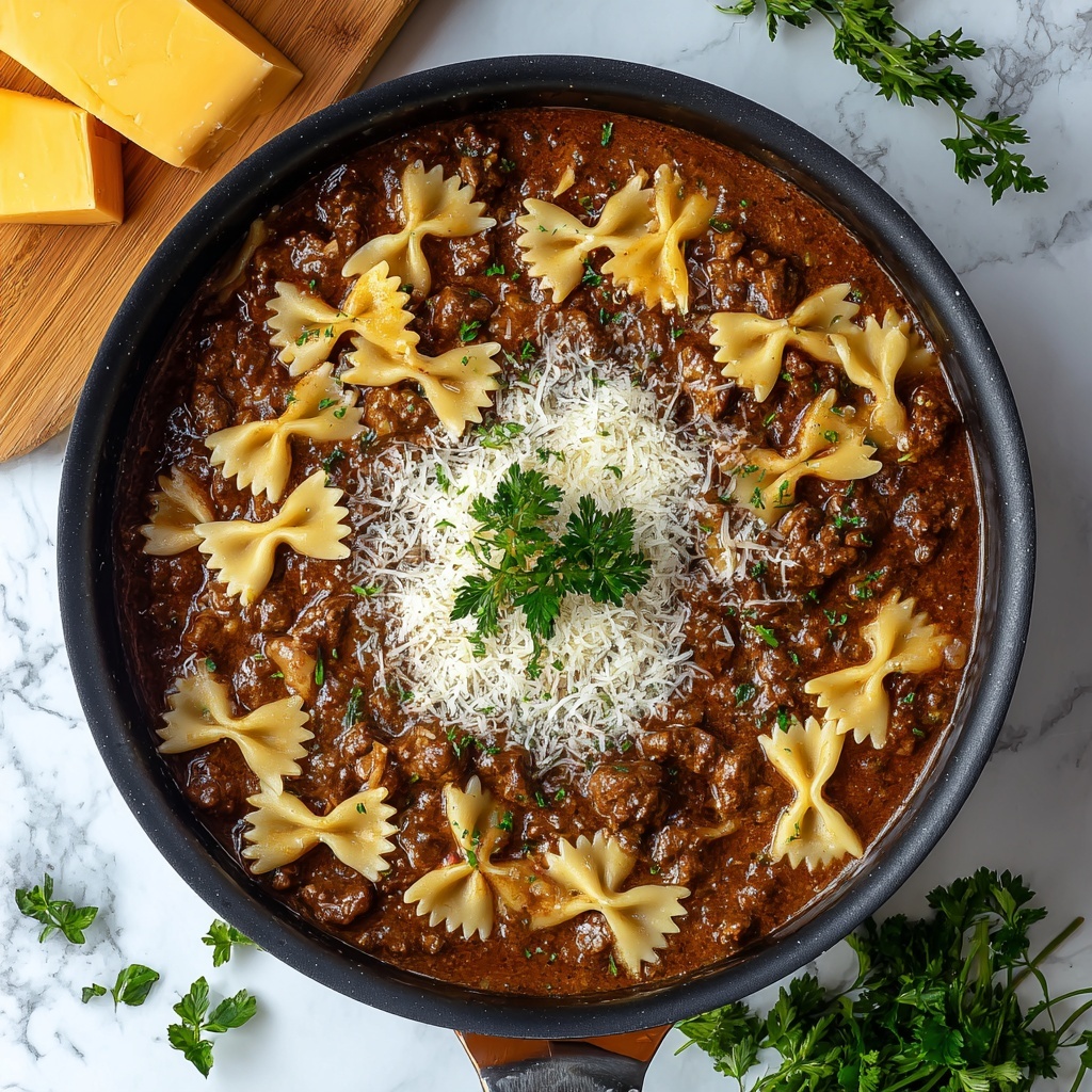 Cheesy Beef and Bowtie Pasta in Garlic Butter Recipe - Recipe Image