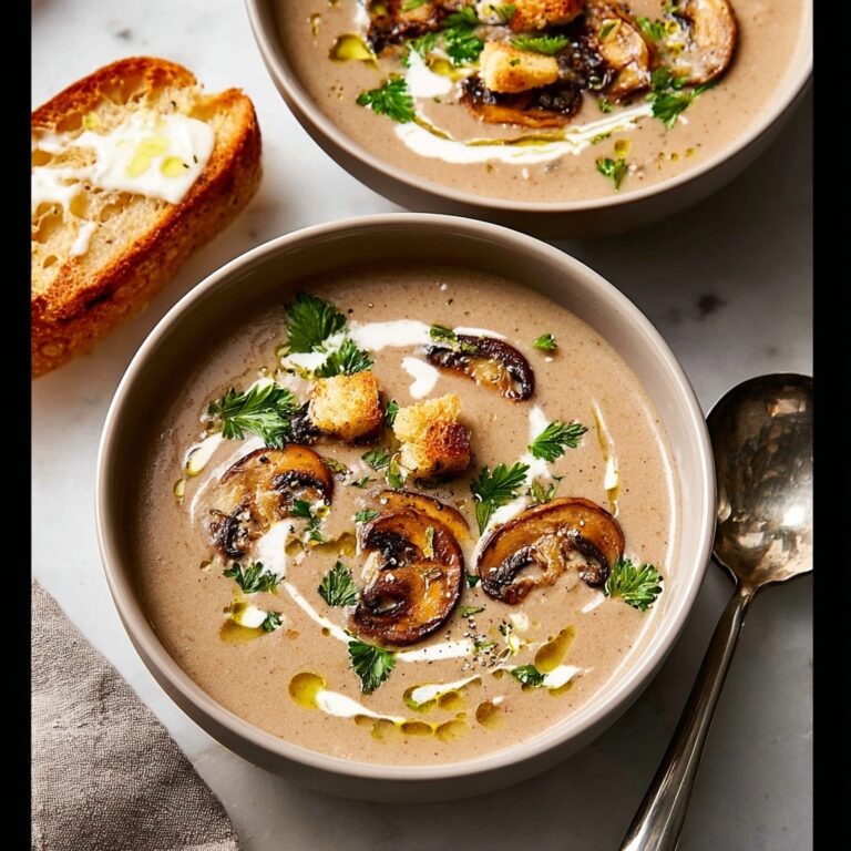 Creamy Mushroom Soup with Croutons and Fresh Herbs Recipe