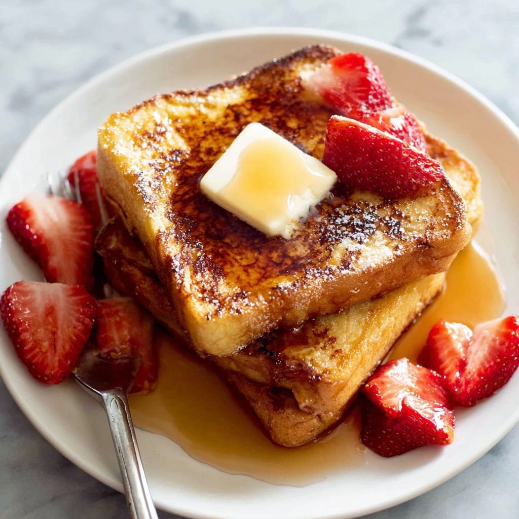 Creamy Cinnamon French Toast with Maple Syrup and Strawberries Recipe - Recipe Image