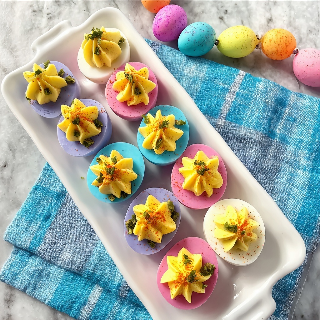 Easter Deviled Eggs with Pastel Colors Recipe - Recipe Image