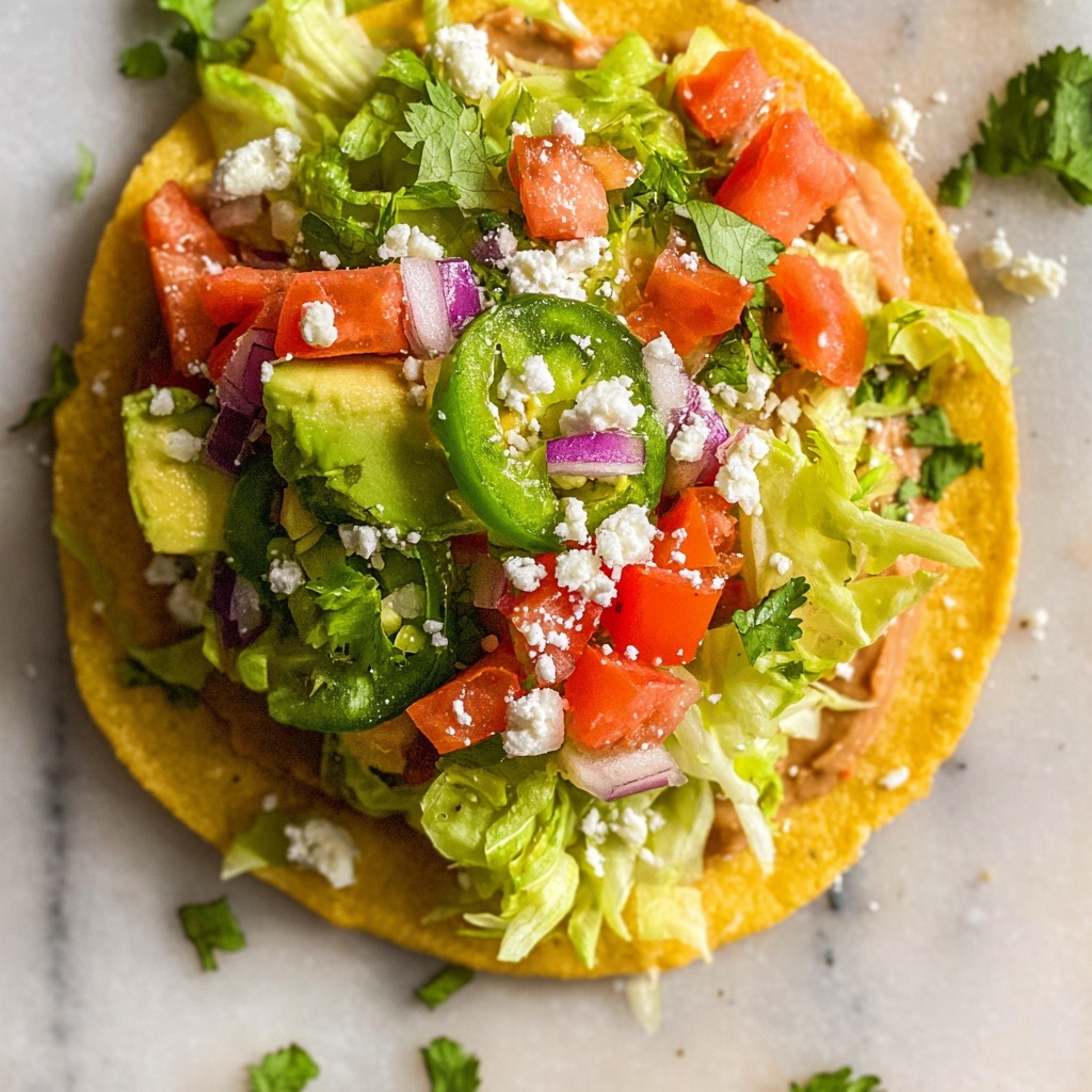 Creamy Pinto Bean Tostadas topped with Fresh Veggies and Queso Fresco Recipe - Recipe Image