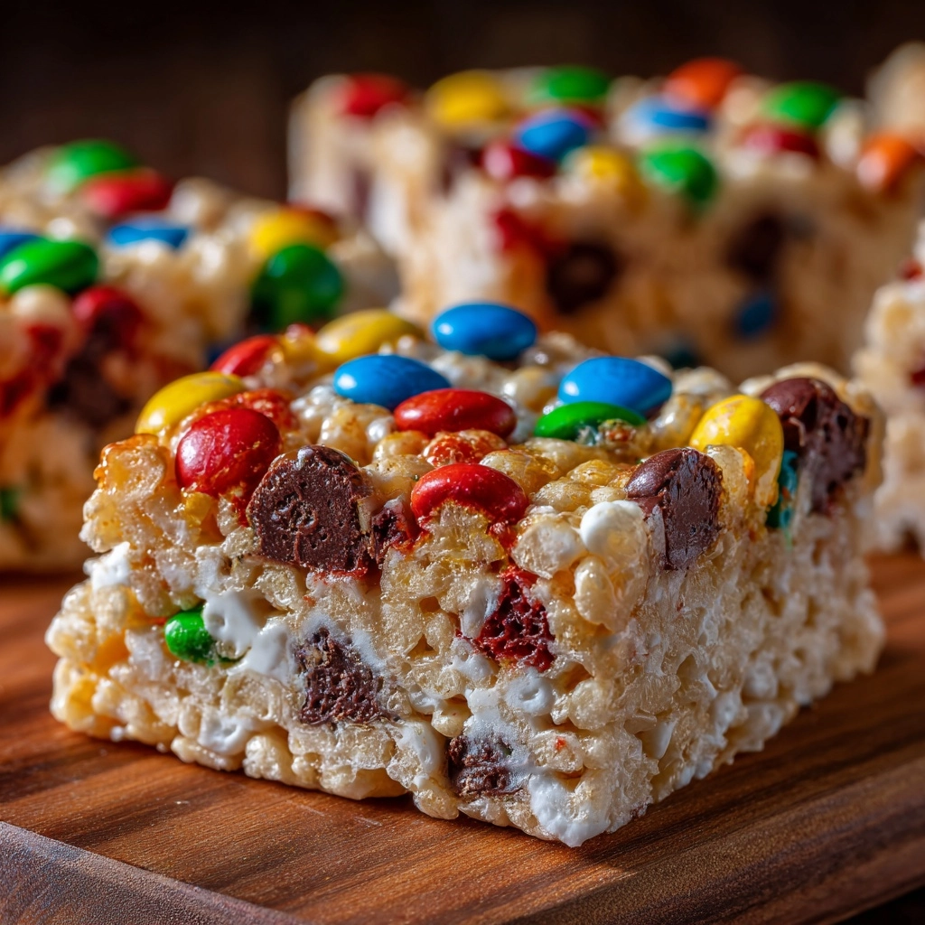 Peanut Butter Rice Krispie Treats with M&M’s and Chocolate Chips Recipe - Recipe Image