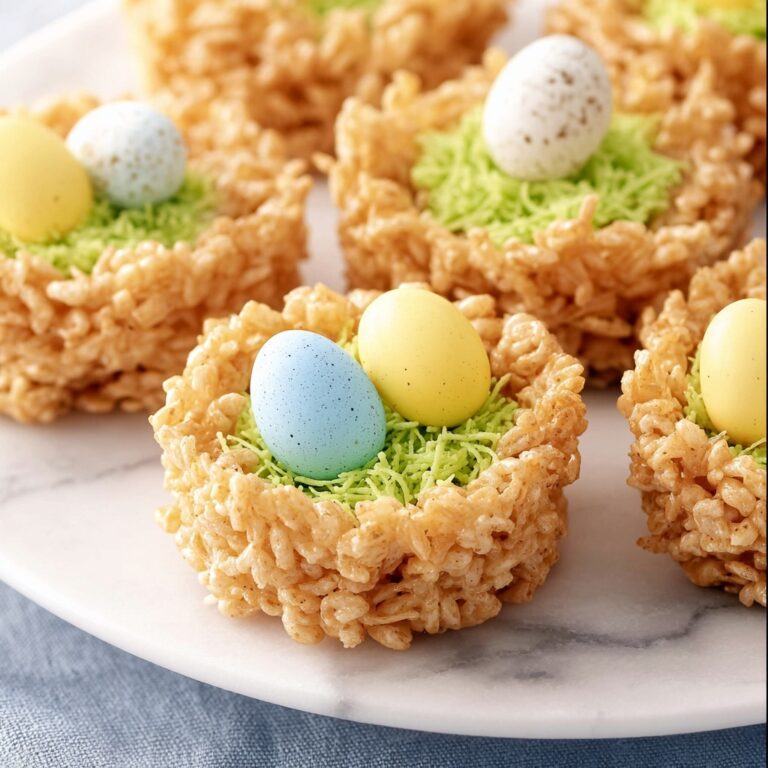 Rice Krispie Easter Nests with Green Coconut “Grass” and Mini Chocolate Eggs Recipe