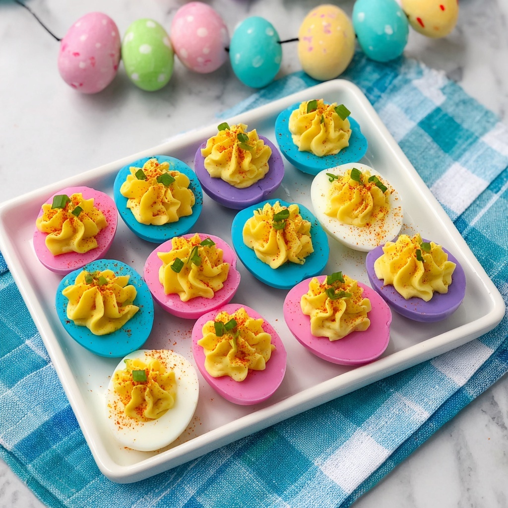 Easter Deviled Eggs with Pastel Colors Recipe - Recipe Image