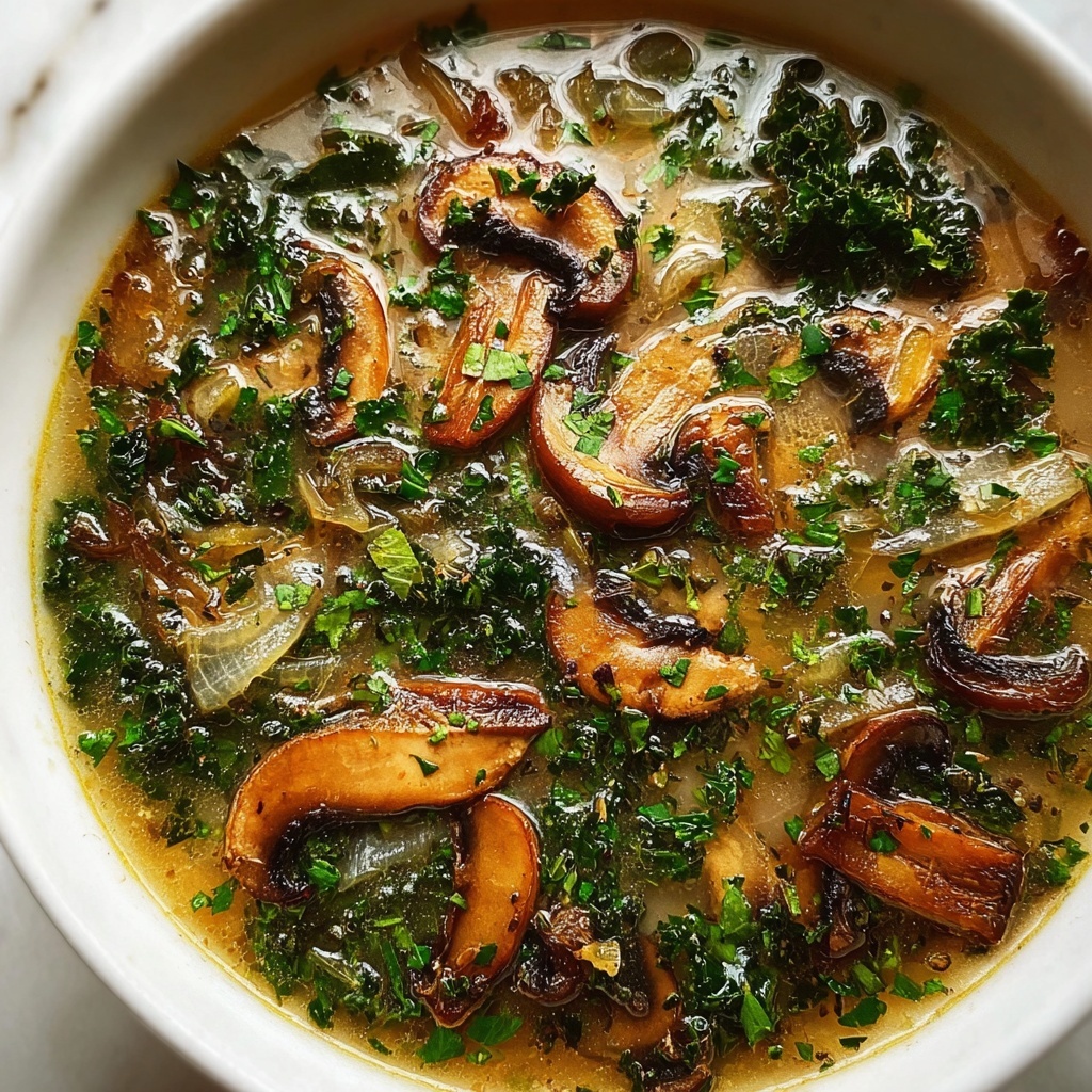 Warming Wild Mushroom, Caramelized Onion And Kale Soup Recipe - Recipe Image