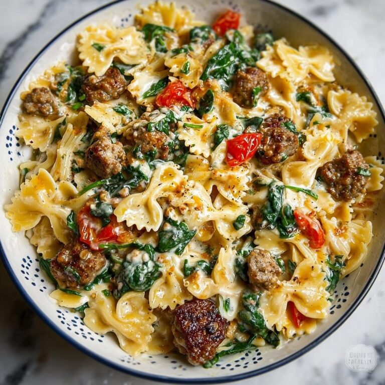 Creamy Garlic Butter Beef Bowtie Pasta with Italian Sausage & Spinach Recipe