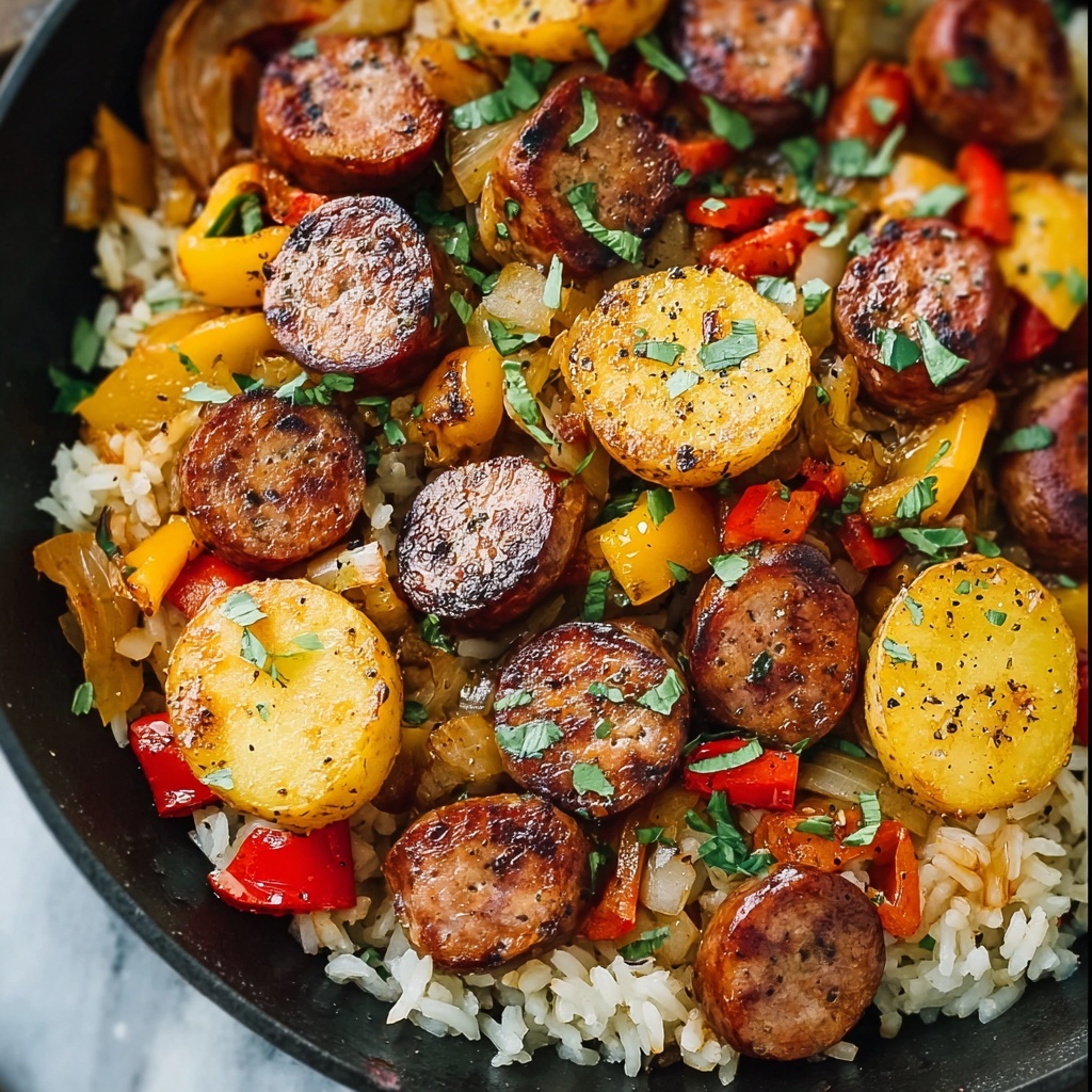 Summer Sausage Skillet with Andouille and Fresh Herb Crema Recipe - Recipe Image