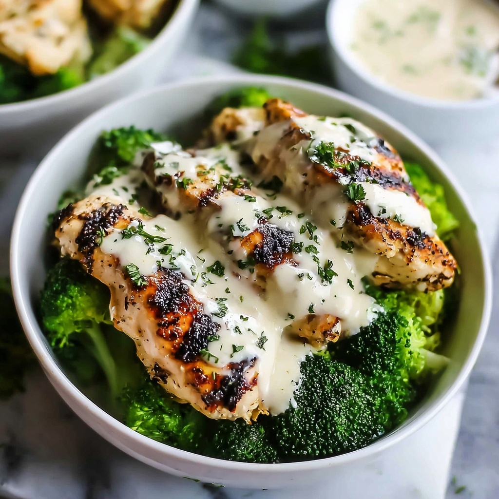 Grilled Chicken Broccoli Bowls with Creamy Garlic Parmesan Sauce Recipe - Recipe Image